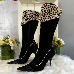 NEW NYLA Suede Leather Leopard Hair Calf High Heel Two Tone Knee Boots Black 6